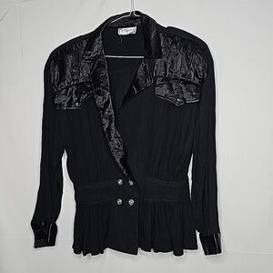 Jon Wesley pleated black formal chiffon button closure elegant blouse top sz Lg